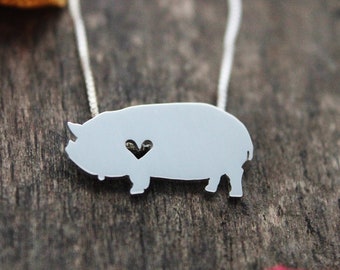 Tiny Kunekune Pig necklace, sterling silver hand cut pendant and heart