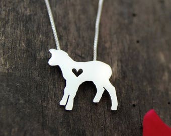 Tiny Lamb necklace, sterling silver hand cut pendant and heart