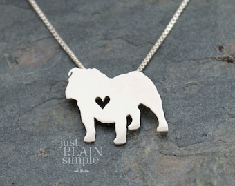 Tiny English Bulldog necklace, sterling silver hand cut pendant and heart, dog lover jewelry