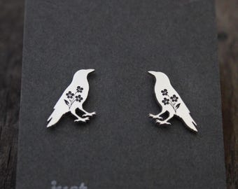 Crow stud earrings: Sterling silver Forget-me-not Crow earrings