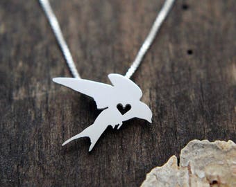 Tiny Swallow necklace, sterling silver hand cut pendant and heart, barn swallow bird