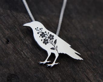 Crow necklace: Sterling silver Forget-me-not Crow pendant