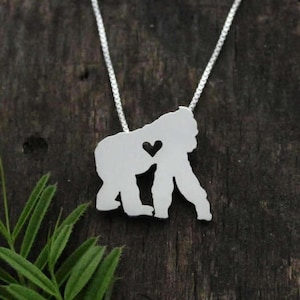 Tiny Gorilla Silver Backed, sterling silver hand cut wildlife pendant and heart