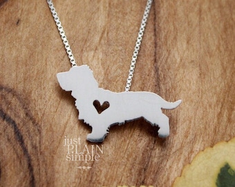 Tiny Wire Haired Dachshund necklace, sterling silver hand cut pendant and heart, dog breed jewelry