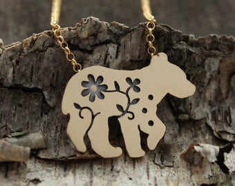 Floral Bear Pendant, solid yellow gold 14k, bear cub, bear necklace, wildflower, wildlife