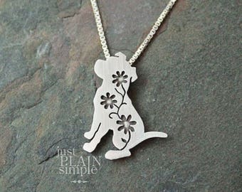 Floral Pitbull Pendant, sterling silver pit bull, dog necklace, wildflower, wildlife, dog jewelry