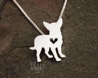 Tiny Chihuahua necklace, sterling silver, hand cut pendant and heart