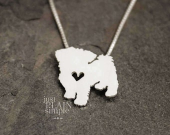 Tiny Maltese dog necklace, tiny sterling silver hand cut pendant with heart, tiny dog breed jewelry