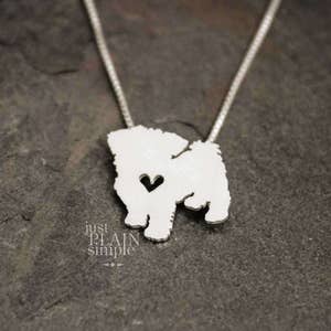 Tiny Maltese dog necklace, tiny sterling silver hand cut pendant with heart, tiny dog breed jewelry image 1
