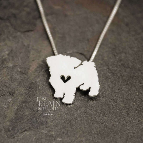 Tiny Maltese dog necklace, tiny sterling silver hand cut pendant with heart, tiny dog breed jewelry