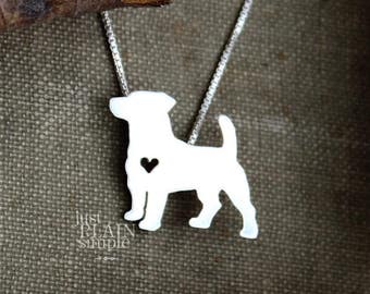 Tiny Jack Russell Terrier necklace, sterling silver hand cut pendant and heart,