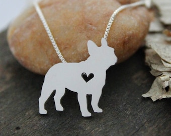 Tiny French Bull dog necklace, sterling silver hand cut dog pendant and heart
