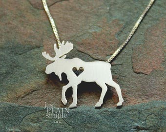 Tiny Moose necklace, sterling silver hand-cut pendant and heart