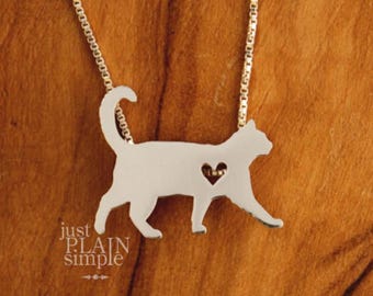 Tiny Cat necklace, sterling silver hand cut pendant and heart