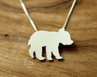 Tiny Bear Cub necklace, sterling silver hand cut pendant with heart
