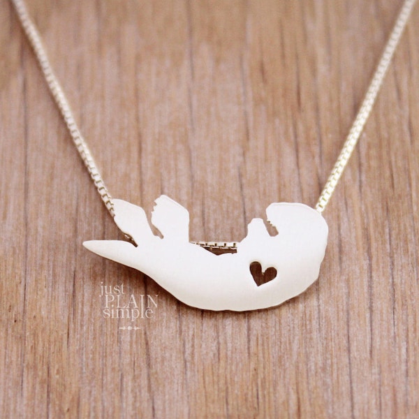 Tiny Sea Otter necklace, sterling silver hand cut pendant and heart