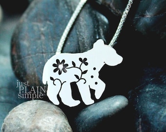 Floral Bear Pendant, sterling silver bear cub, bear necklace, wildflower, wildlife