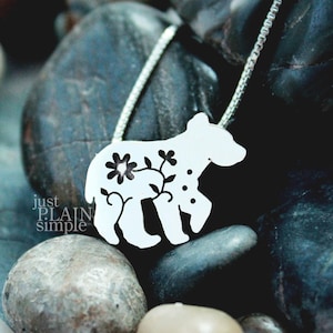 Sterling Silver Floral Bear Cub Pendant Necklace