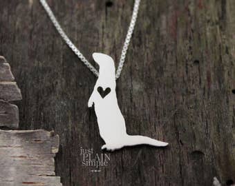 Tiny River Otter necklace, sterling silver hand cut pendant and heart, tiny wildlife jewelry