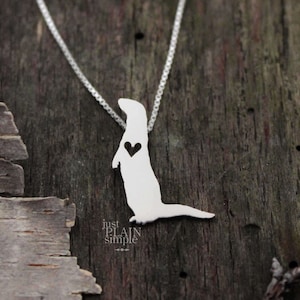 Tiny River Otter necklace, sterling silver hand cut pendant and heart, tiny wildlife jewelry