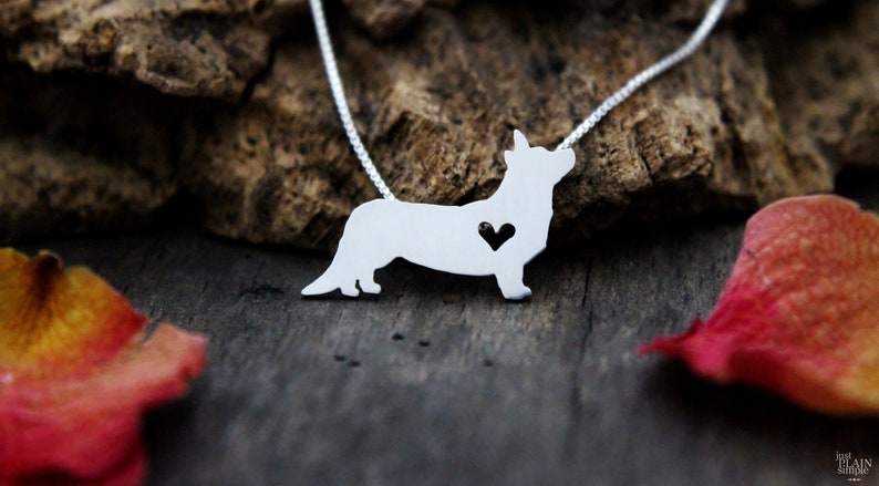 Tiny Cardigan Corgi necklace, sterling silver hand cut pendant and heart, dog breed jewelry image 1