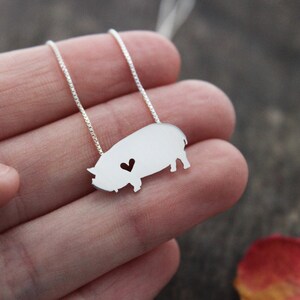 Tiny Kunekune Pig necklace, sterling silver hand cut pendant and heart image 3