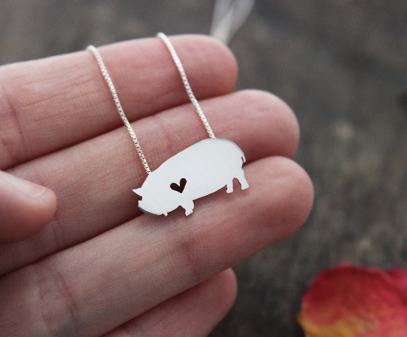 Tiny Kunekune Pig necklace, sterling silver hand cut pendant and heart image 3