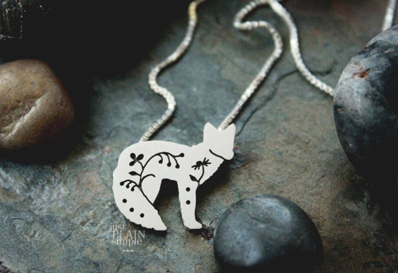 wildlife wild fox necklace sterling silver fox wildflower Floral Fox Pendant