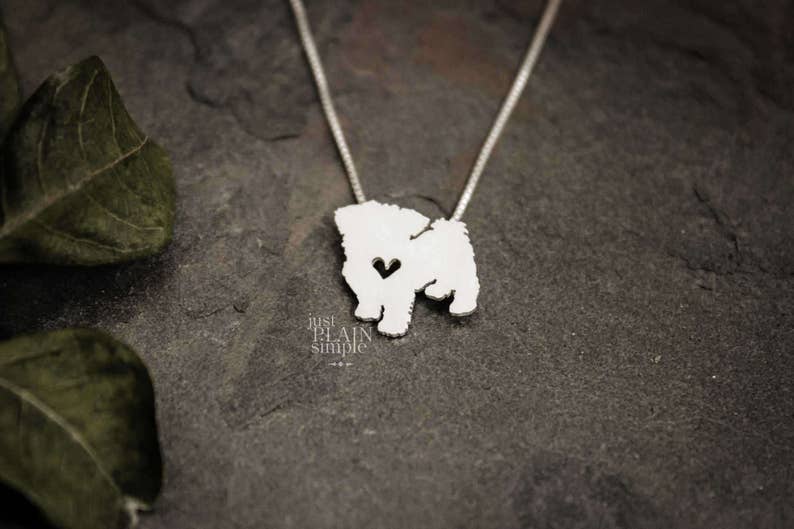 Tiny Maltese dog necklace, tiny sterling silver hand cut pendant with heart, tiny dog breed jewelry image 1