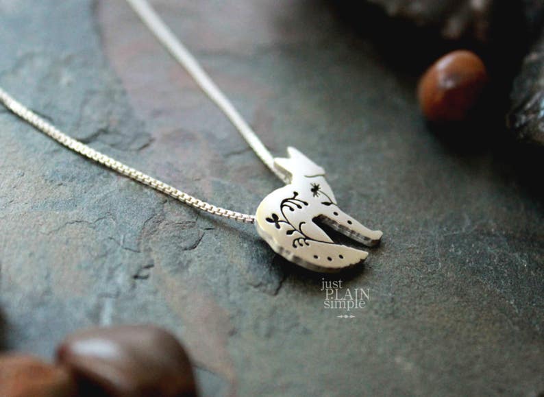 wildlife wild fox necklace sterling silver fox wildflower Floral Fox Pendant