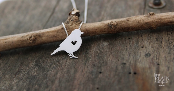 Tiny Song bird necklace, sterling silver hand cut pendant and heart