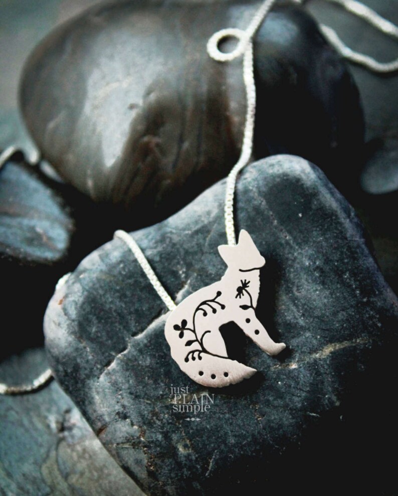 wildlife wild fox necklace sterling silver fox wildflower Floral Fox Pendant