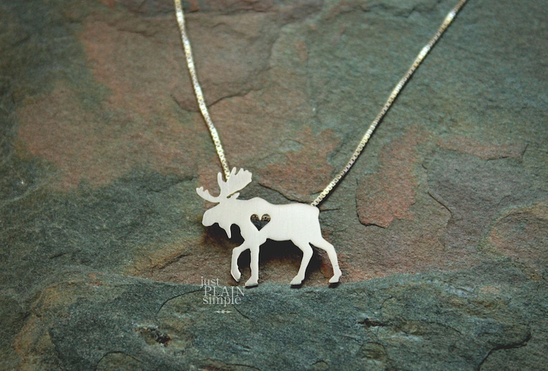 Tiny Moose necklace, sterling silver hand-cut pendant and heart image 1