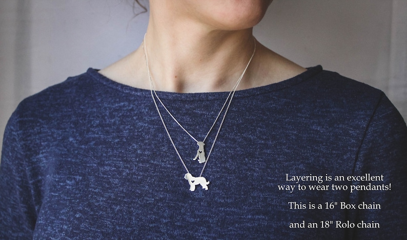 May include: Two silver necklaces layered on a person wearing a blue shirt. The top necklace has a small dog pendant with a heart cutout. The bottom necklace has a larger dog pendant with a heart cutout. The text "Layering is an excellent way to wear two pendants! This is a 16" Box chain and an 18" Rolo chain" is visible in the image.