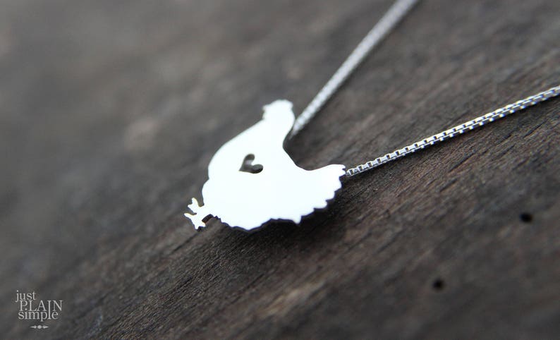 Tiny Hen Chicken necklace, sterling silver hand cut pendant and heart image 3