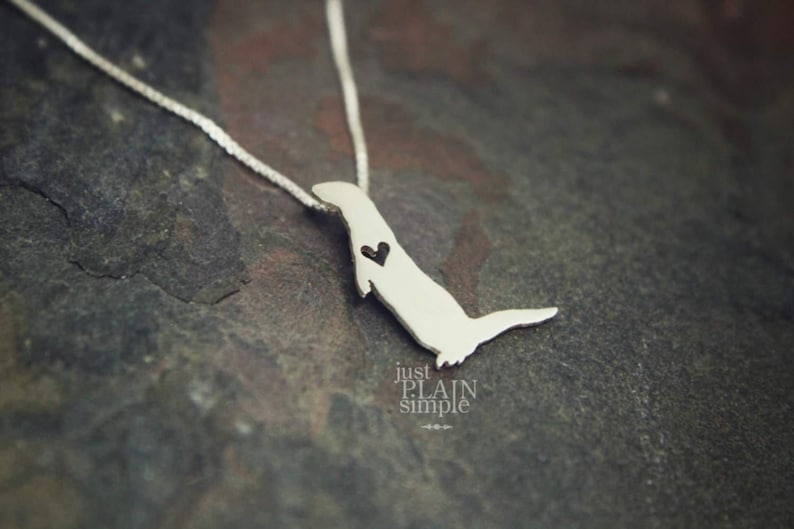 Tiny River Otter necklace, sterling silver hand cut pendant and heart, tiny wildlife jewelry image 5