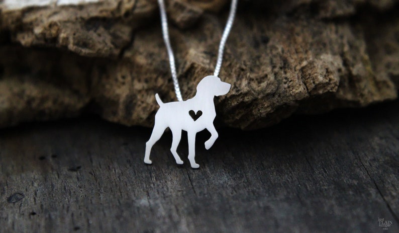 Tiny German Shorthaired Pointer necklace, sterling silver hand cut pendant and heart, dog breed jewelry image 1