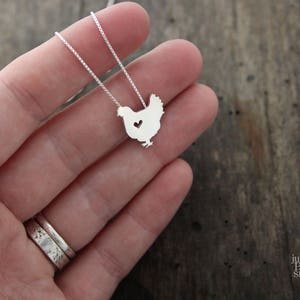 Tiny Hen Chicken necklace, sterling silver hand cut pendant and heart image 4