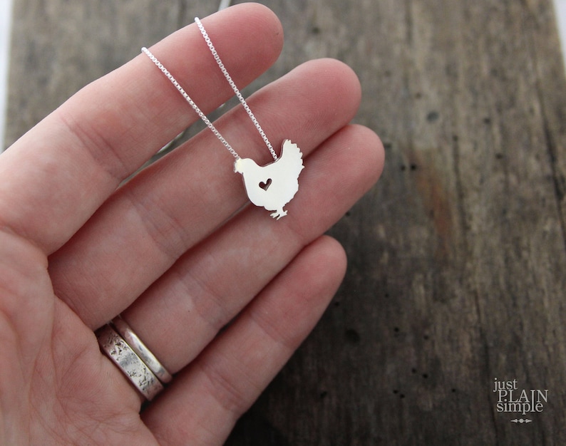 Tiny Hen Chicken necklace, sterling silver hand cut pendant and heart image 4