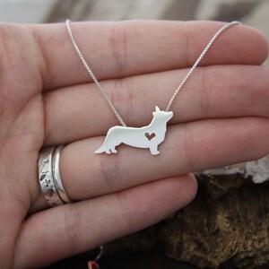 Tiny Cardigan Corgi necklace, sterling silver hand cut pendant and heart, dog breed jewelry image 6