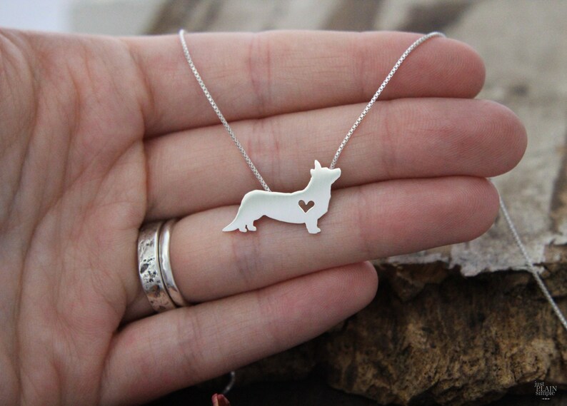 Tiny Cardigan Corgi necklace, sterling silver hand cut pendant and heart, dog breed jewelry image 6