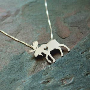 Tiny Moose necklace, sterling silver hand-cut pendant and heart image 2