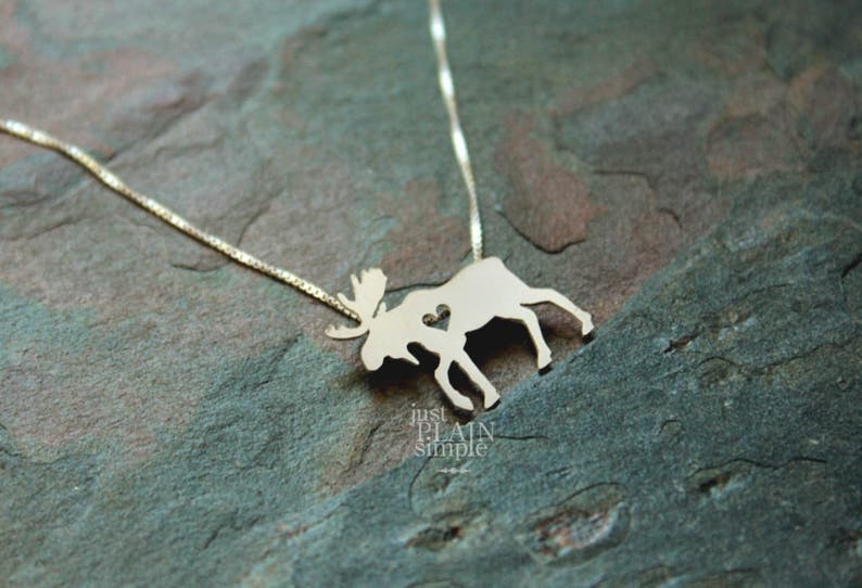 Tiny Moose necklace, sterling silver hand-cut pendant and heart image 2