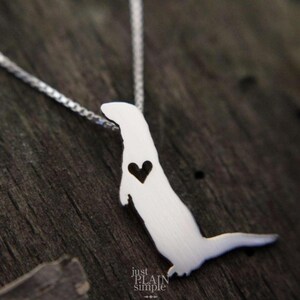 Tiny River Otter necklace, sterling silver hand cut pendant and heart, tiny wildlife jewelry image 4