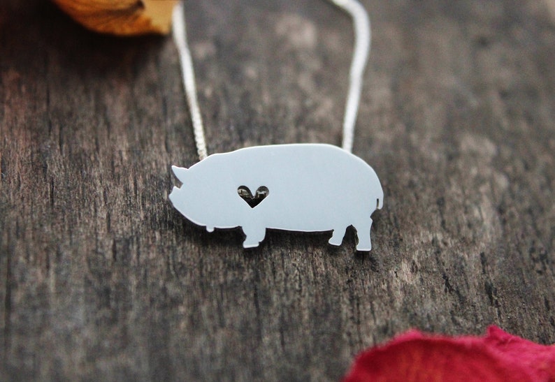 Tiny Kunekune Pig necklace, sterling silver hand cut pendant and heart image 1