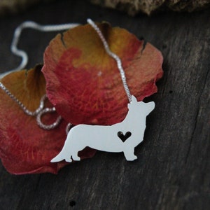 Tiny Cardigan Corgi necklace, sterling silver hand cut pendant and heart, dog breed jewelry image 3