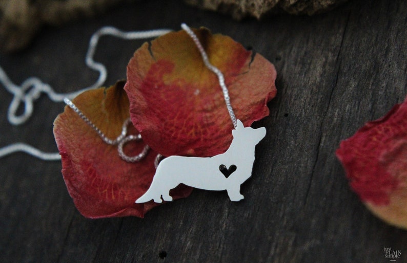 Tiny Cardigan Corgi necklace, sterling silver hand cut pendant and heart, dog breed jewelry image 3