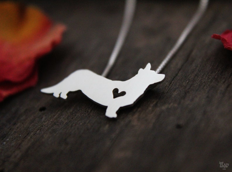 Tiny Cardigan Corgi necklace, sterling silver hand cut pendant and heart, dog breed jewelry image 2