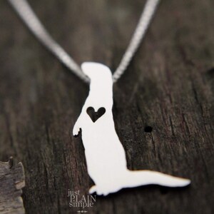 Tiny River Otter necklace, sterling silver hand cut pendant and heart, tiny wildlife jewelry image 2