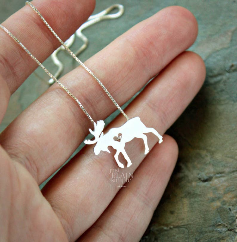 Tiny Moose necklace, sterling silver hand-cut pendant and heart image 4